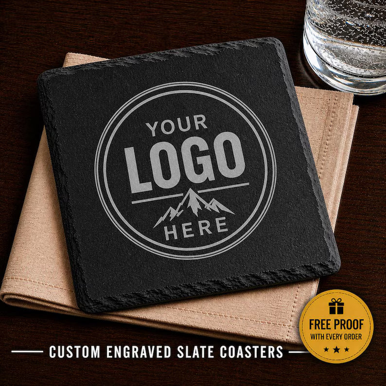 Custom Logo Slate Coasters - Personalized Engraved Business Gift, Company Logo Coasters, Corporate Branding, Bulk Order