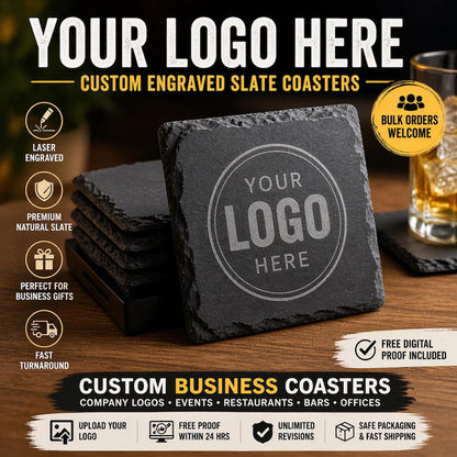 Custom Logo Slate Coasters - Personalized Engraved Business Gift, Company Logo Coasters, Corporate Branding, Bulk Order