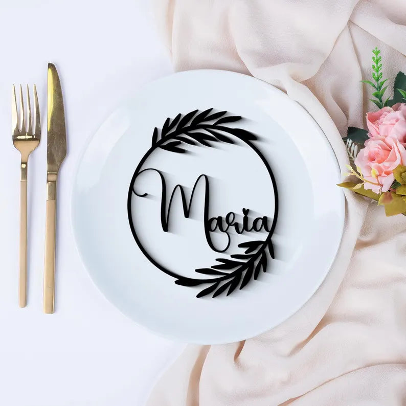 Custom Script Wooden Place Cards, Laser Cut Wedding Name Tags, Leaf Frame Table Settings