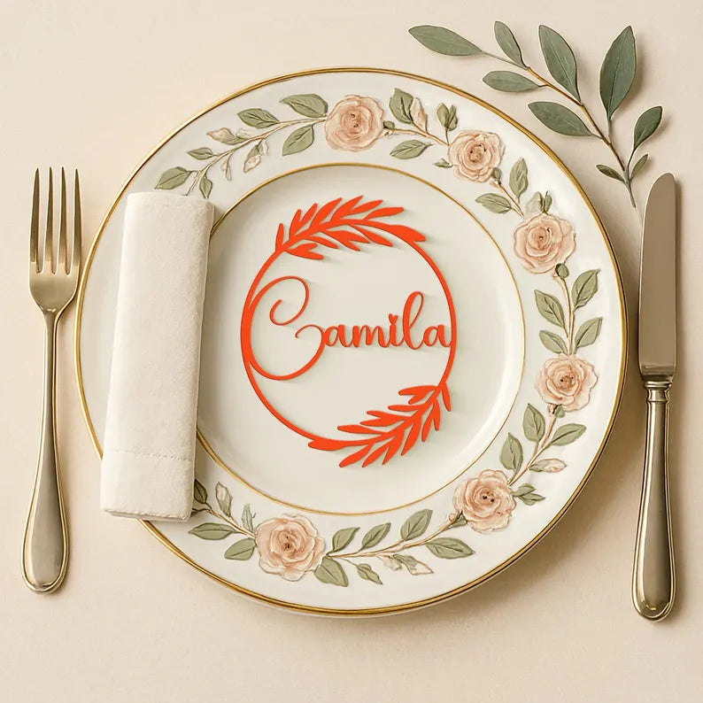 Custom Script Wooden Place Cards, Laser Cut Wedding Name Tags, Leaf Frame Table Settings