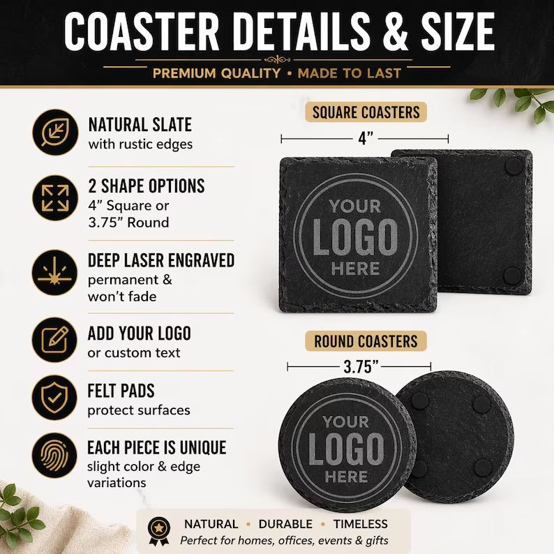 Custom Logo Slate Coasters - Personalized Engraved Business Gift, Company Logo Coasters, Corporate Branding, Bulk Order