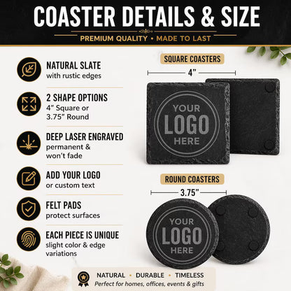 Custom Logo Slate Coasters - Personalized Engraved Business Gift, Company Logo Coasters, Corporate Branding, Bulk Order