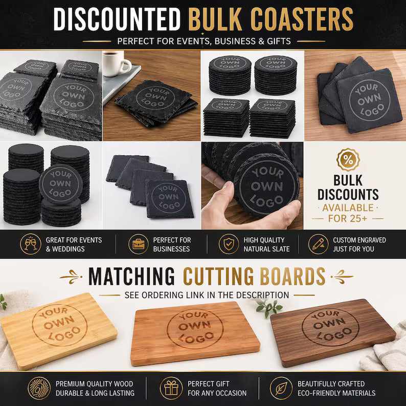 Custom Logo Slate Coasters - Personalized Engraved Business Gift, Company Logo Coasters, Corporate Branding, Bulk Order