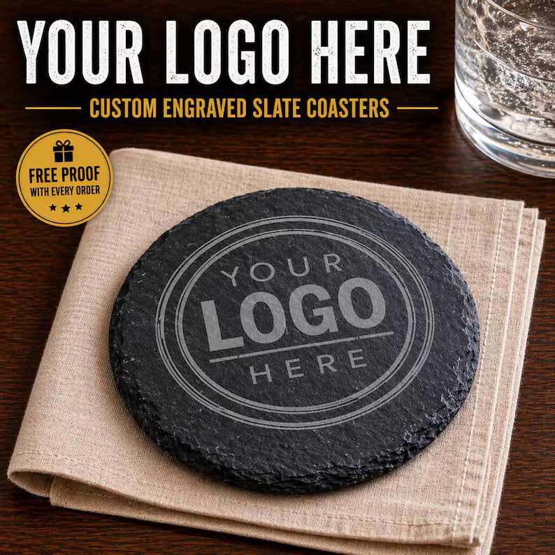 Custom Logo Slate Coasters - Personalized Engraved Business Gift, Company Logo Coasters, Corporate Branding, Bulk Order
