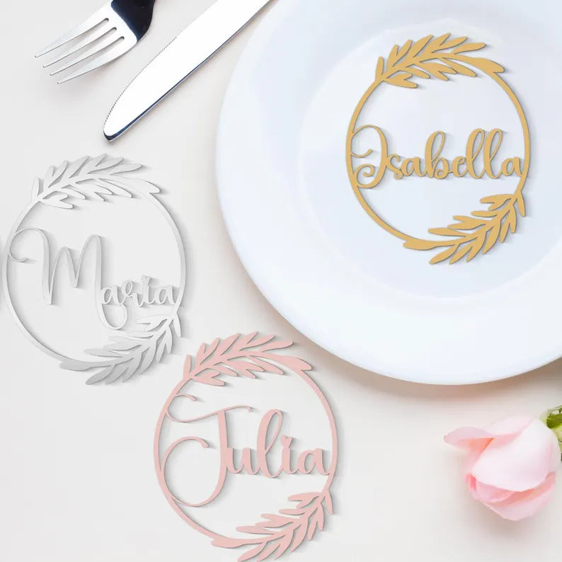 Custom Script Wooden Place Cards, Laser Cut Wedding Name Tags, Leaf Frame Table Settings