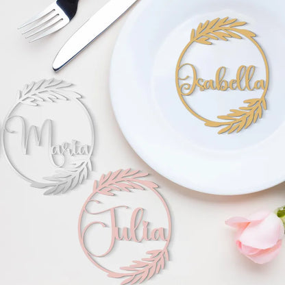 Custom Script Wooden Place Cards, Laser Cut Wedding Name Tags, Leaf Frame Table Settings