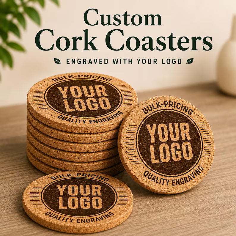 Custom Logo Cork Coasters, Personalized Engraved Coasters, Wedding Favors, Business & Corporate Gifts