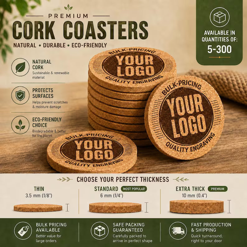 Custom Logo Cork Coasters, Personalized Engraved Coasters, Wedding Favors, Business & Corporate Gifts