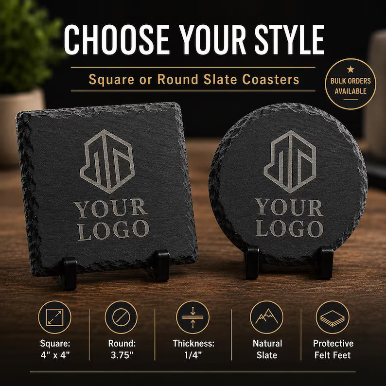 Custom Slate Coasters - Personalized Logo Coasters, Engraved Coasters for Business