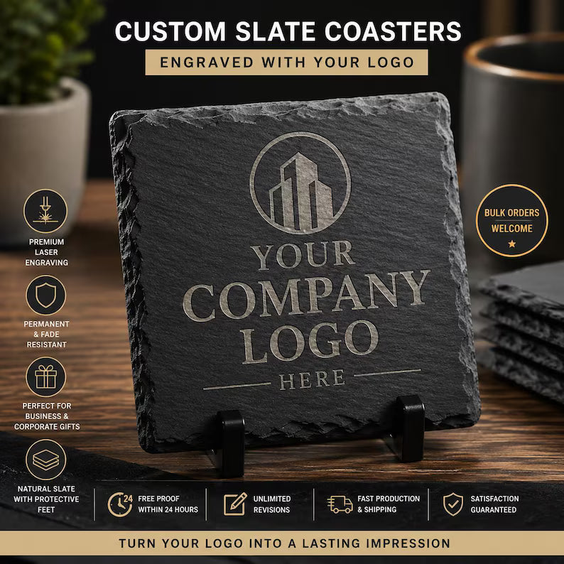 Custom Slate Coasters - Personalized Logo Coasters, Engraved Coasters for Business